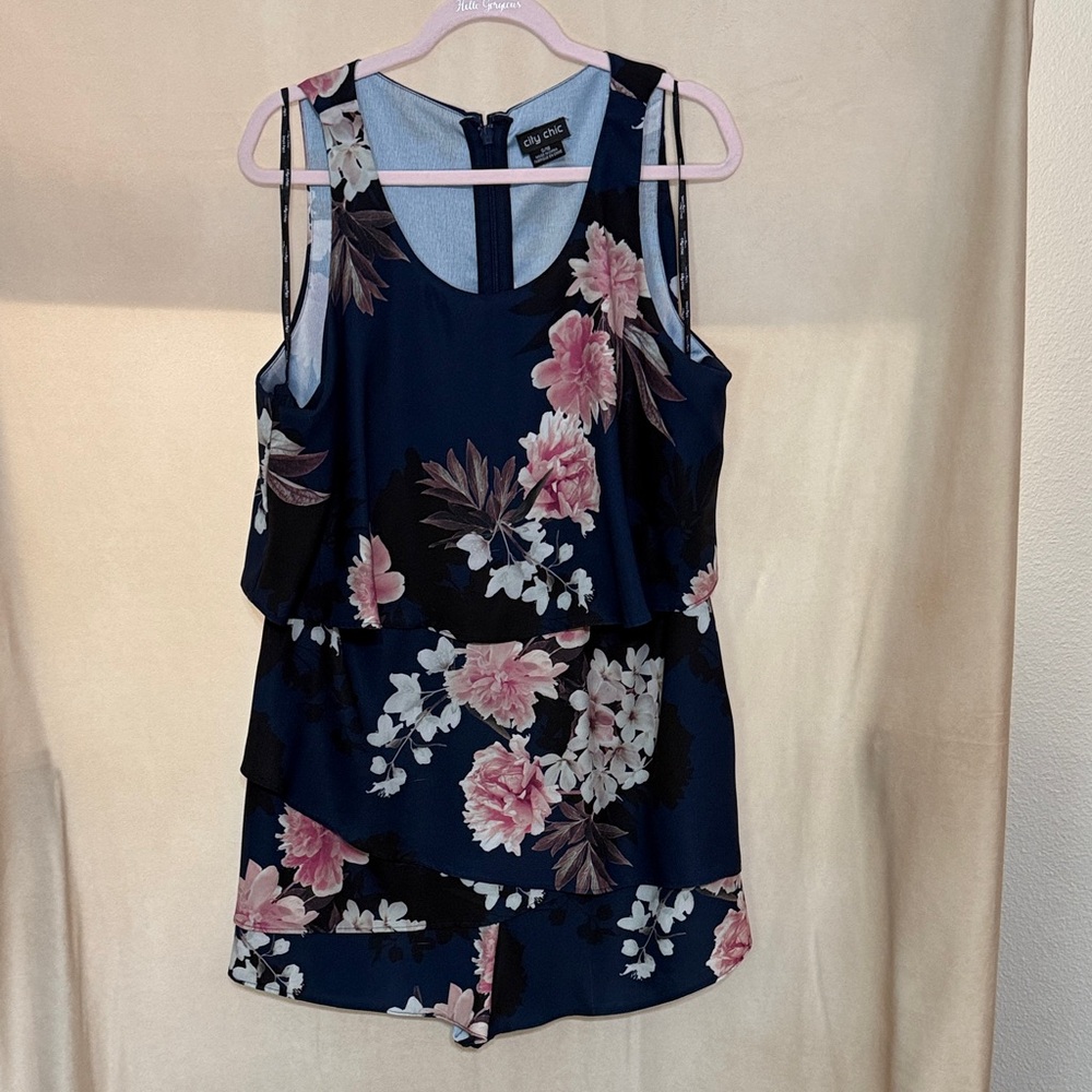 City Chic Navy and Pink Floral Layered Romper